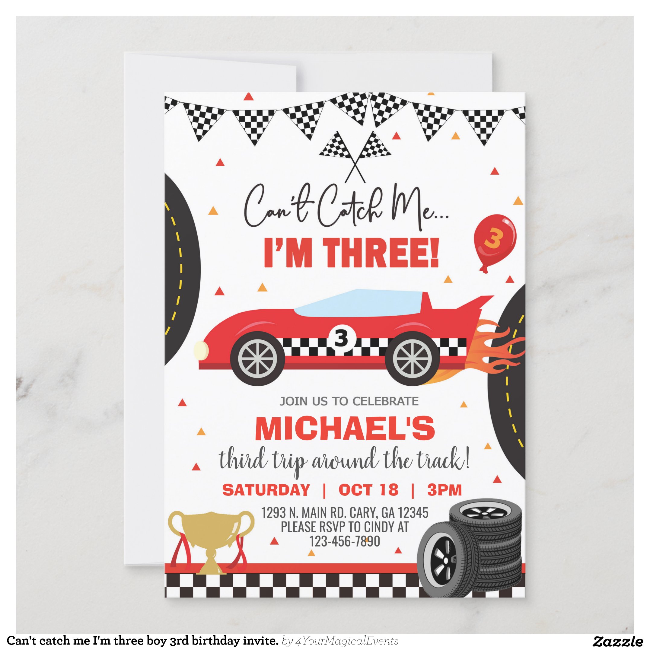 Can't catch me I'm three boy 3rd birthday invite. Invitation