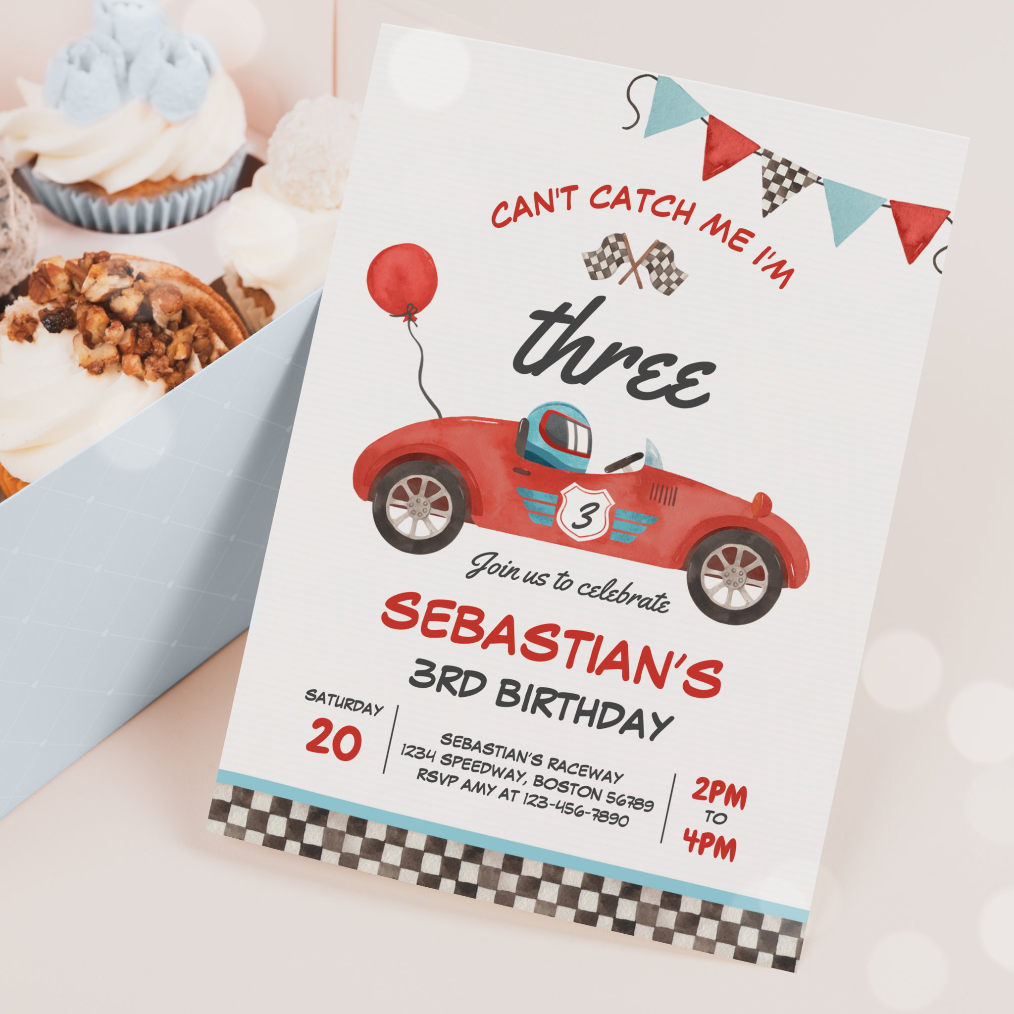 Can't Catch Me I'm Three Race Car 3rd Birthday Invitation
