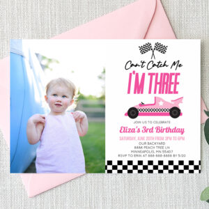 Can't Catch Me Pink Race Car 3rd Birthday Party Invitation