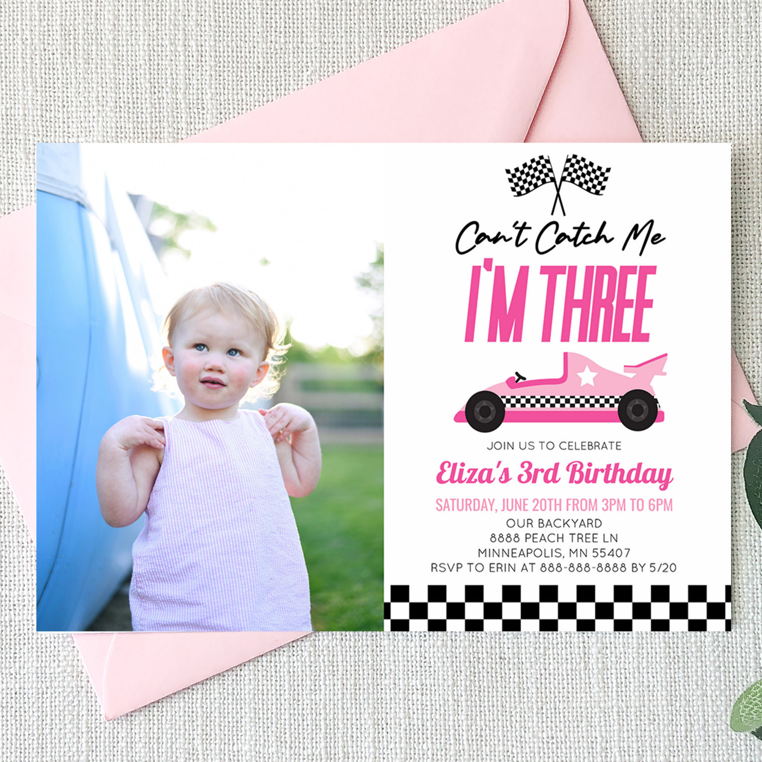 Can't Catch Me Pink Race Car 3rd Birthday Party Invitation