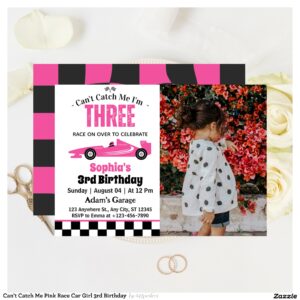 Can't Catch Me Pink Race Car Girl 3rd Birthday Invitation