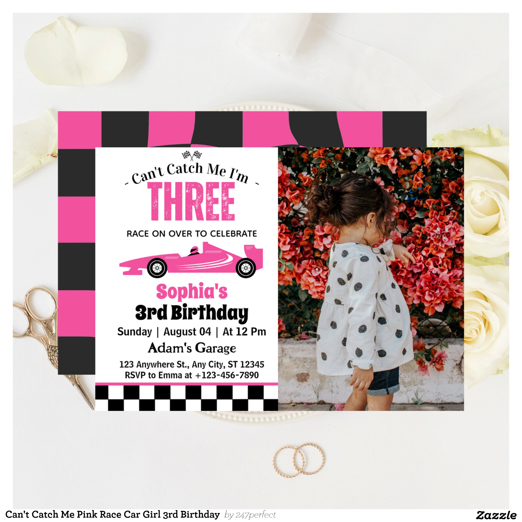 Can't Catch Me Pink Race Car Girl 3rd Birthday Invitation