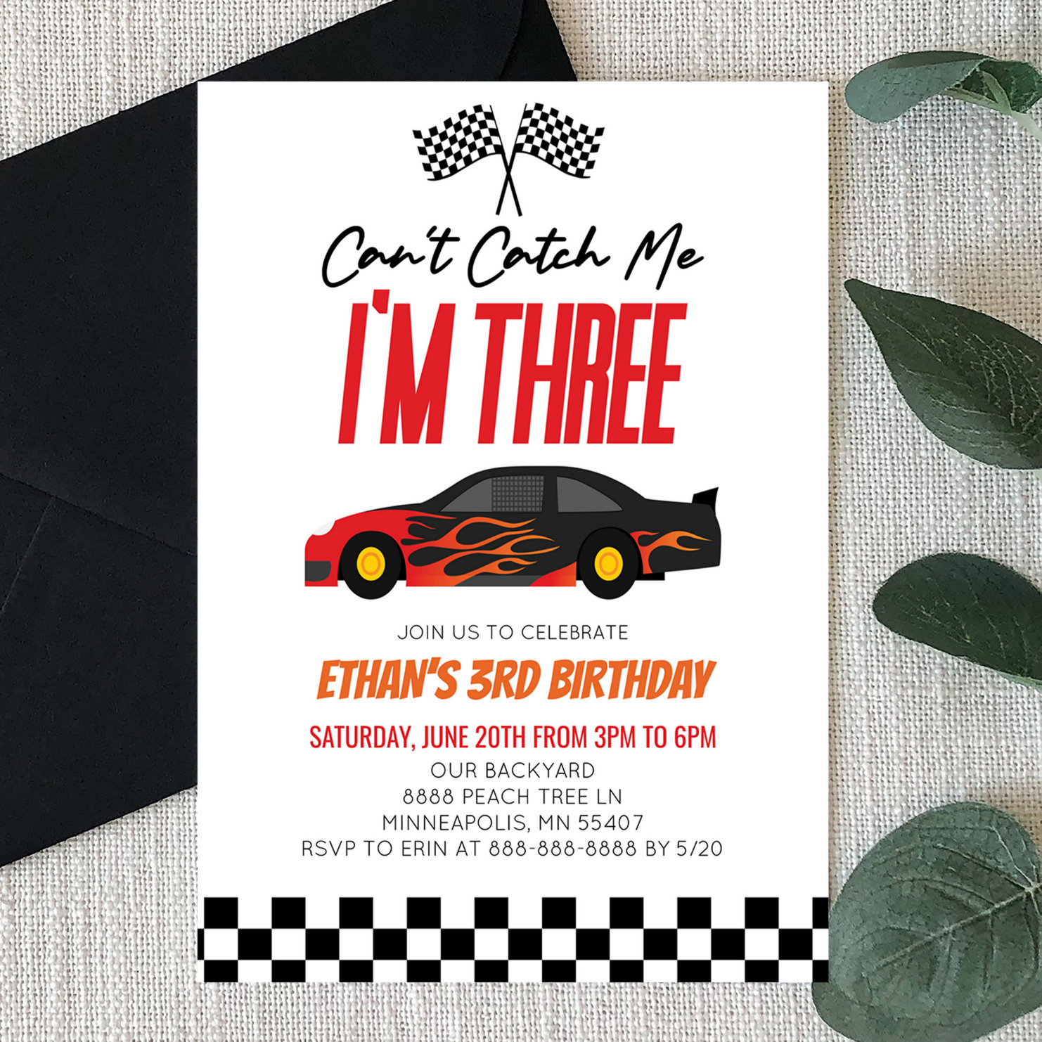 Can't Catch Me Red Race Car 3rd Birthday Party Invitation