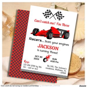 Cant catch me red racing car modern 3rd birthday invitation
