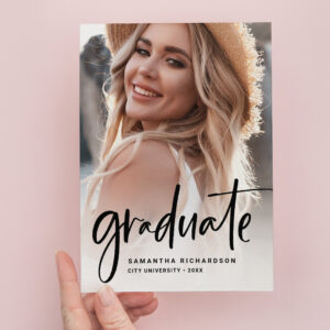 Casual Script Black Two Photo Graduation Party Invitation Postcard