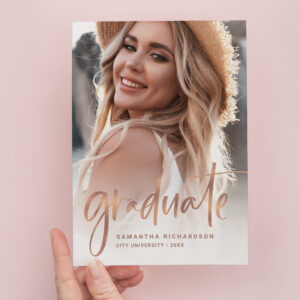 Casual Script Rose Gold Two Photo Graduation Party Invitation Postcard