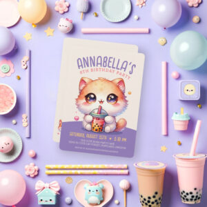 Cat Drinking Boba Cute Bubble Tea Birthday Party Invitation