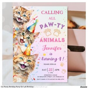 Cat Pawty Birthday Party Girl 4th Birthday Invitation
