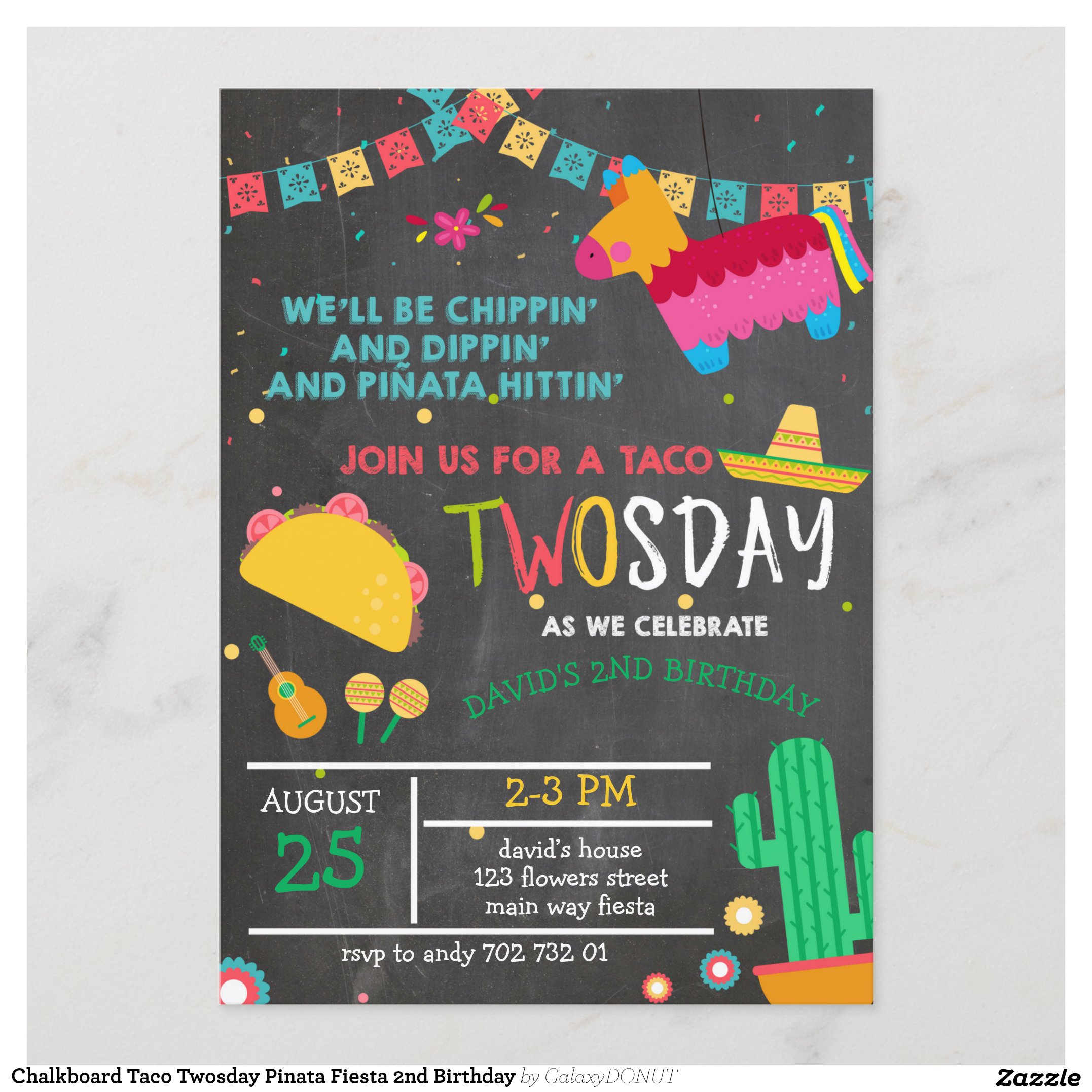 Chalkboard Taco Twosday Pinata Fiesta 2nd Birthday Invitation