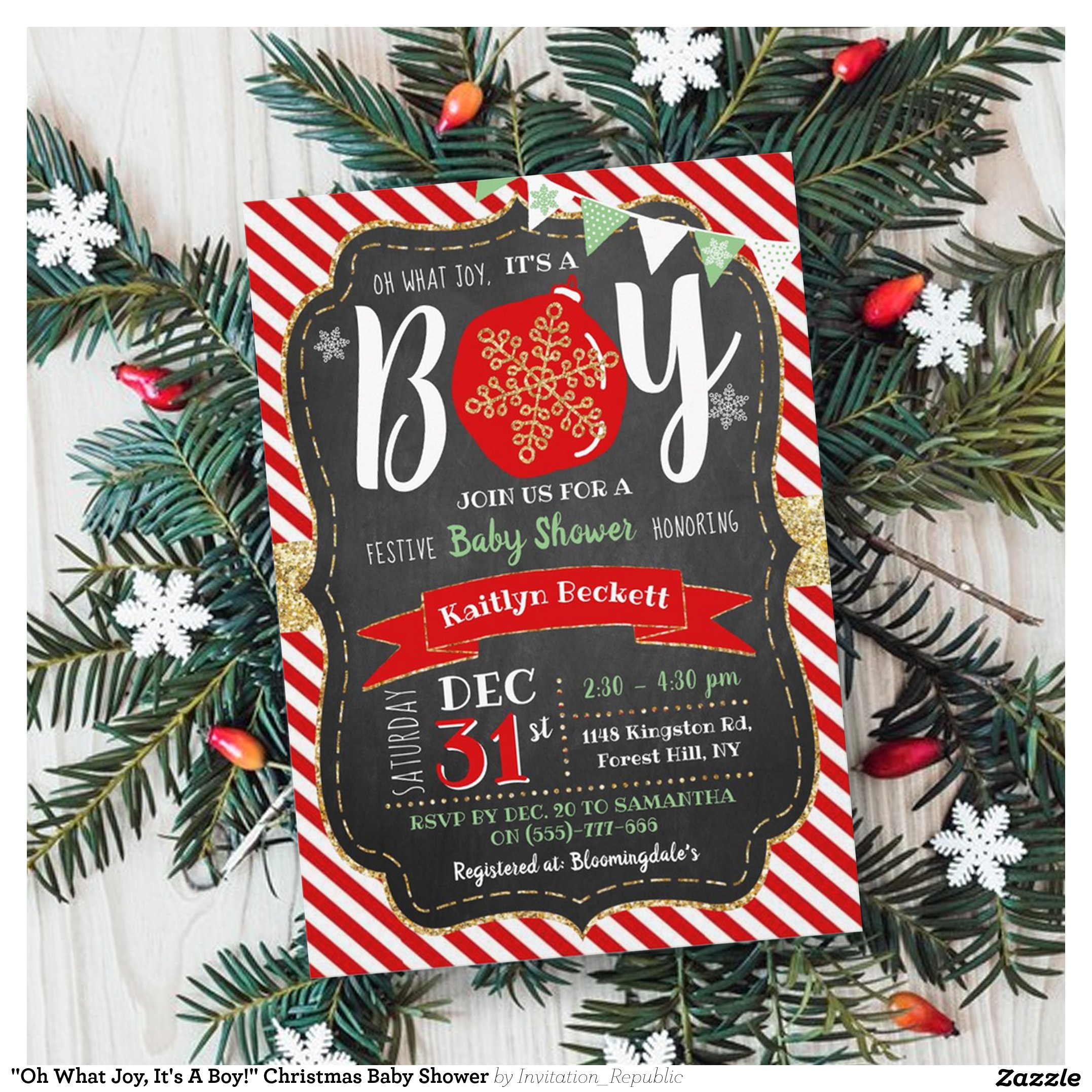 "Oh What Joy, It's A Boy!" Christmas Baby Shower Invitation