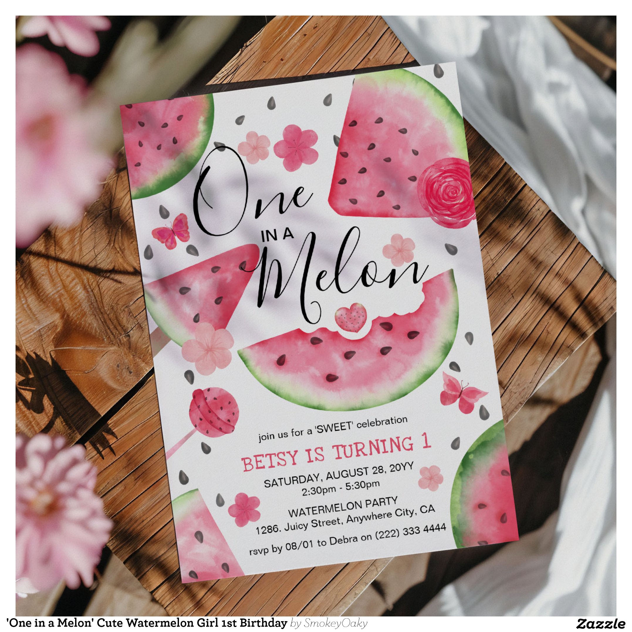 'One in a Melon' Cute Watermelon Girl 1st Birthday Invitation