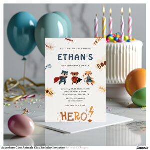 Superhero Cute Animals Kids Birthday Invitation