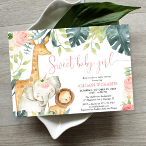 Sweet baby girl safari jungle animals baby shower invitation