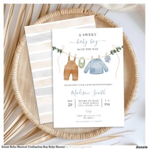 Sweet Boho Neutral Clothesline Boy Baby Shower Invitation