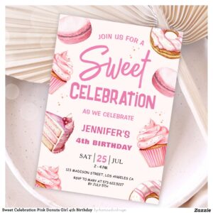 Sweet Celebration Pink Donuts Girl 4th Birthday Invitation