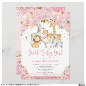 Sweet Jungle Safari Wild Animals Girl Baby Shower Invitation