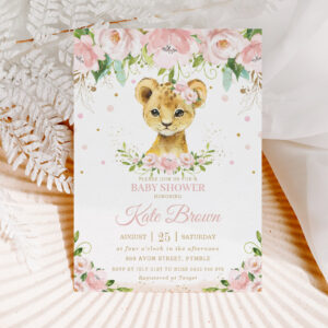 Sweet Lion Blush Pink Floral Gold Girl Baby Shower Invitation