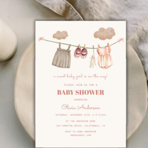 Sweet Neutral Pink Boho Baby Girl Clothes Shower Invitation