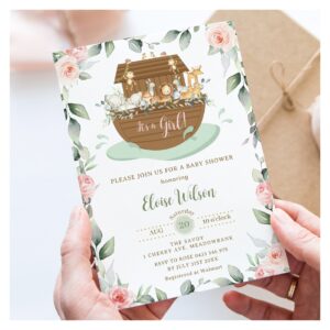 Sweet Noah's Ark Pink Floral Girl Baby Shower Invitation