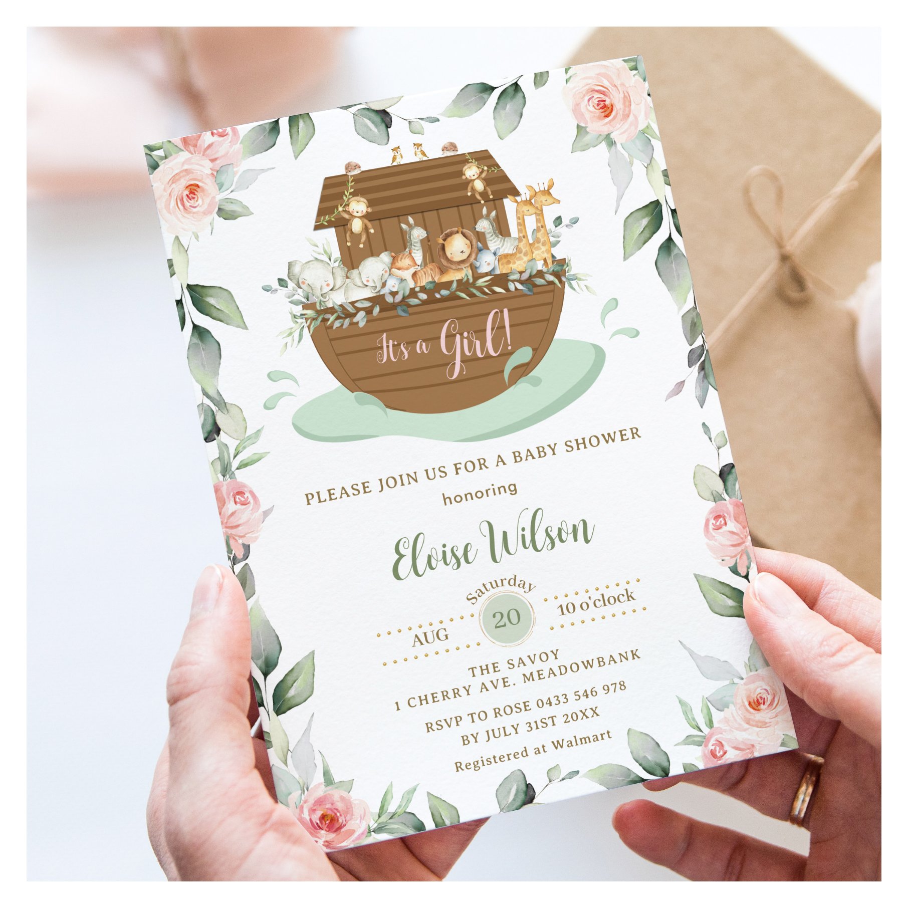 Sweet Noah's Ark Pink Floral Girl Baby Shower Invitation