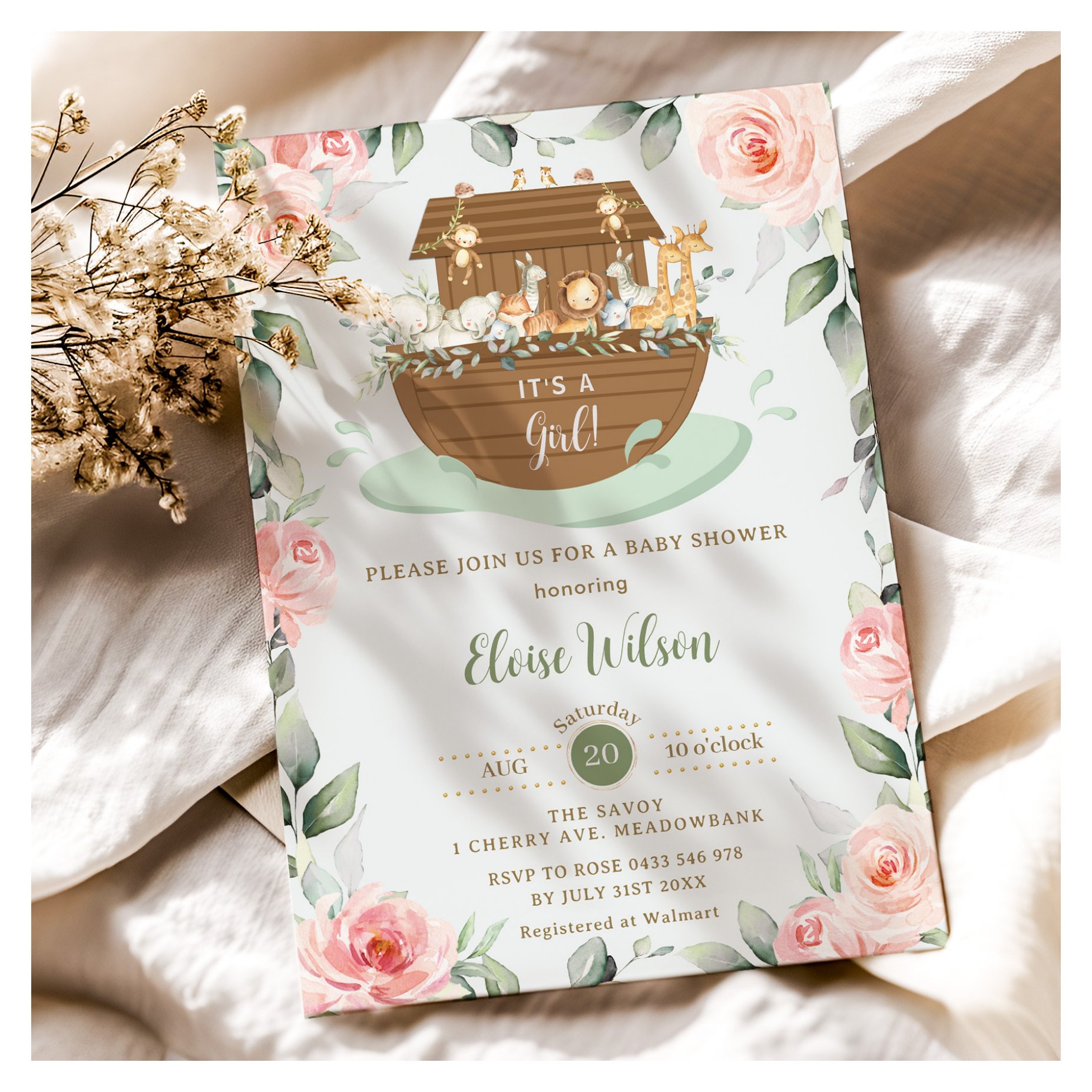 Sweet Noah's Ark Pink Floral Girl Baby Shower Invitation
