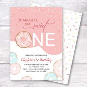 Sweet One Donut Pink Frosting Girl's 1st Birthday Invitation