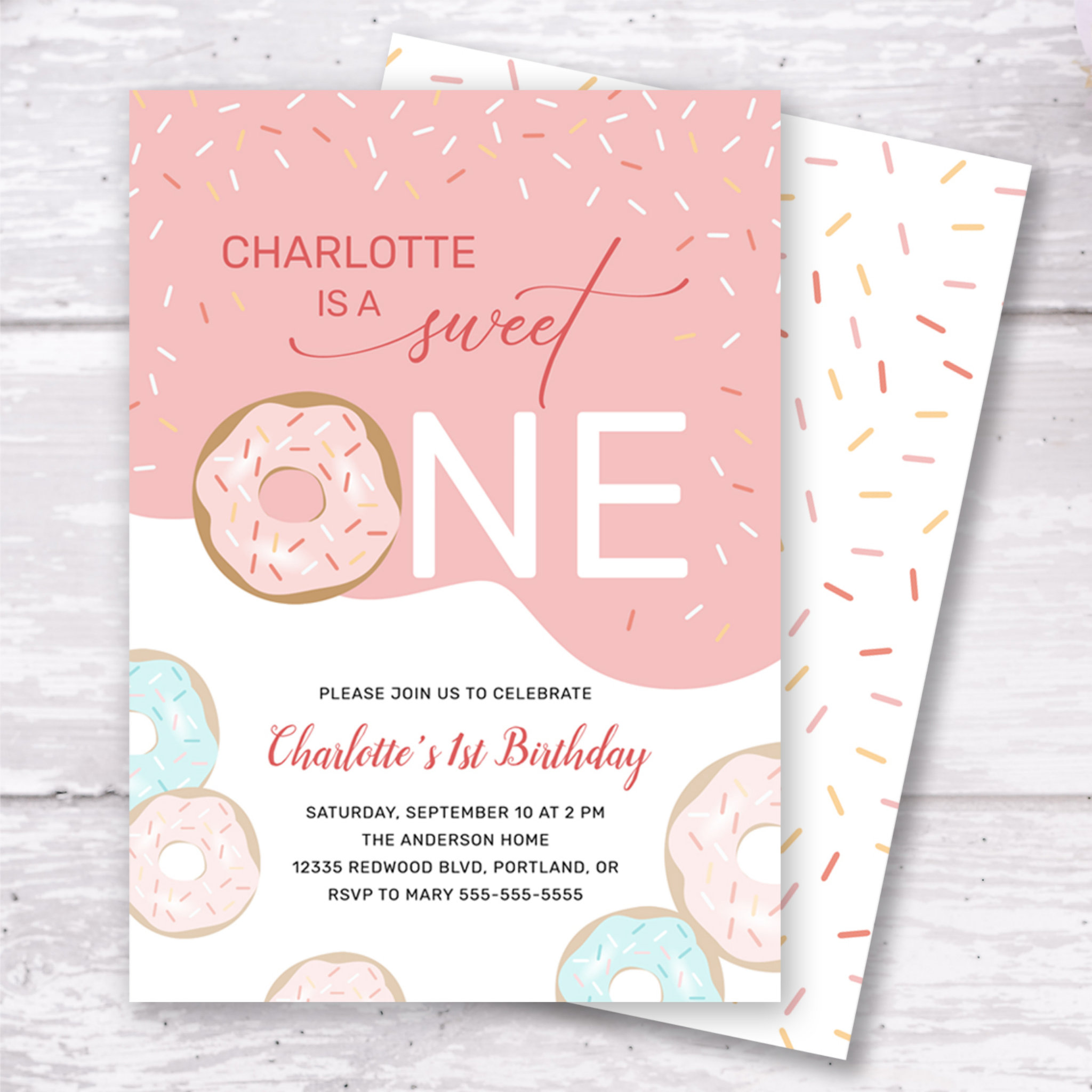 Sweet One Donut Pink Frosting Girl's 1st Birthday Invitation