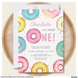 Sweet One Watercolor Cute Donuts 1st Birthday Invitation
