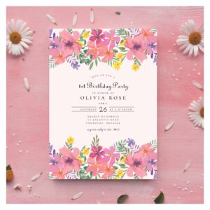 Sweet Pink Purple Floral 1st Birthday Party Invitation
