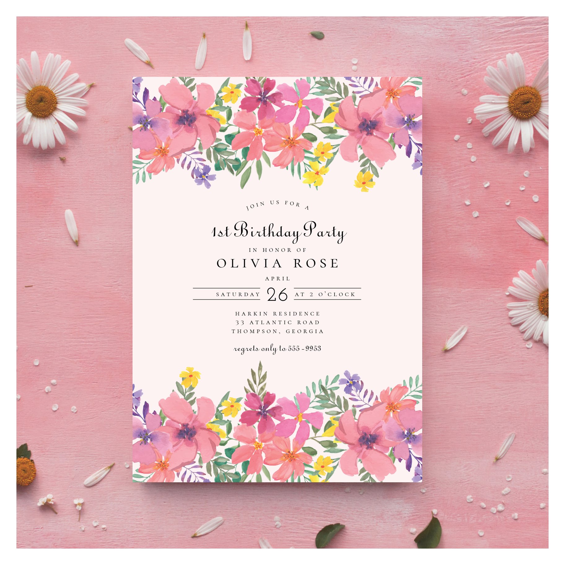 Sweet Pink Purple Floral 1st Birthday Party Invitation