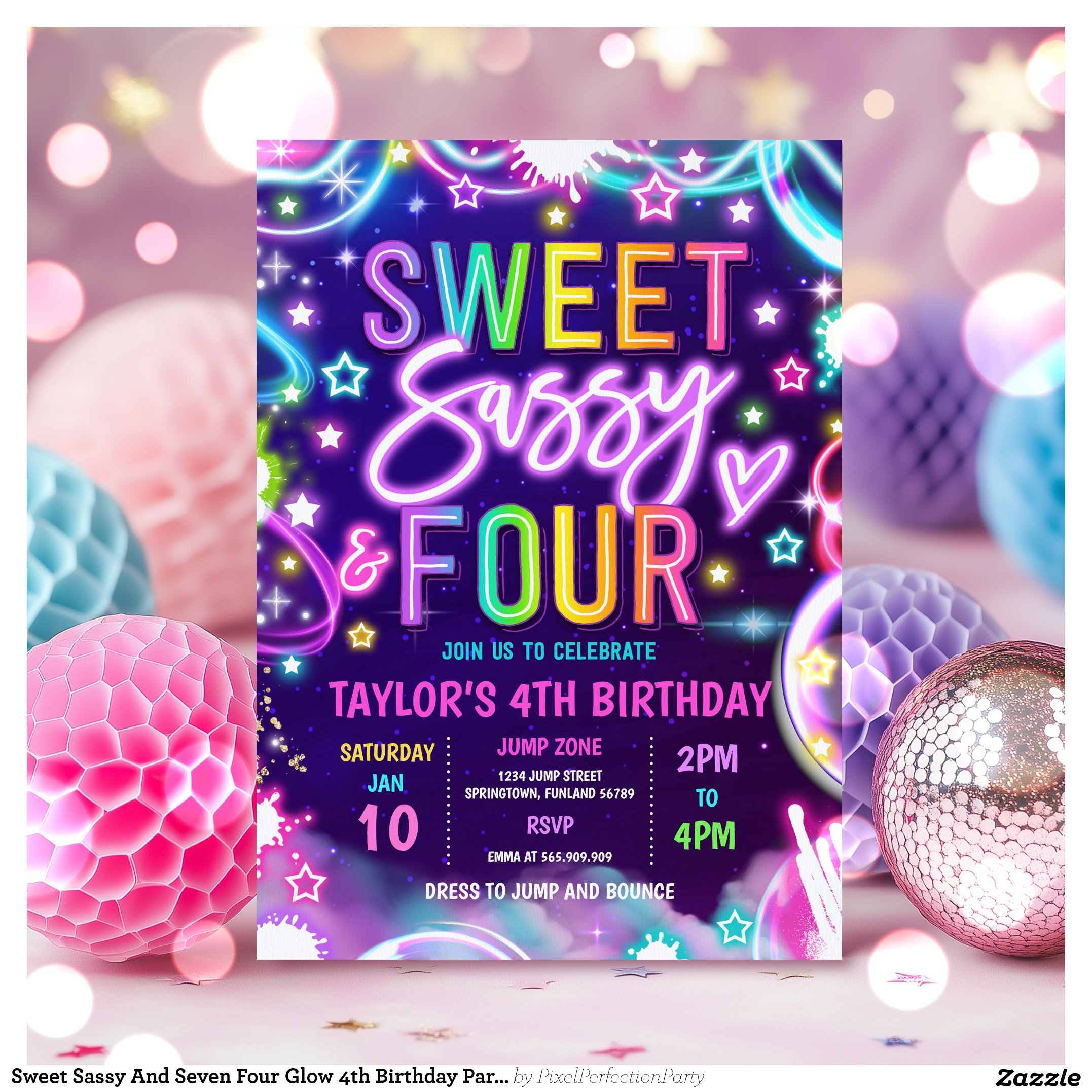 Sweet Sassy And Seven Four Glow 4th Birthday Party Invitation