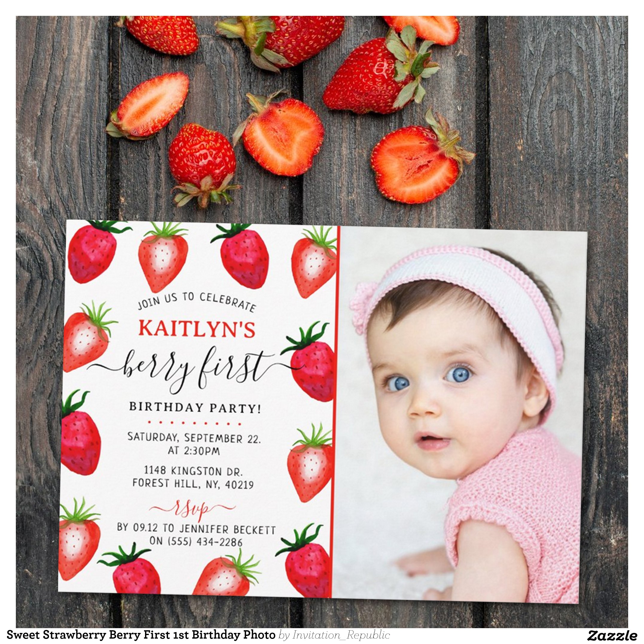 Sweet Strawberry Berry First 1st Birthday Photo Invitation