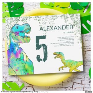 T-Rex and Raptor Dinosaur 5th Birthday Party Invitation