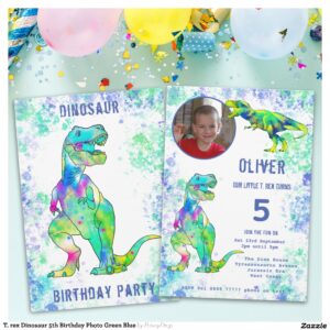T. rex Dinosaur 5th Birthday Photo Green Blue Invitation