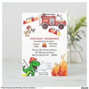 T Rex Firemans 5th Birthday Party Invitation