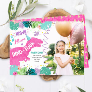 T-Rex Pink Dinosaur Girl Dino Four 4th Birthday Invitation