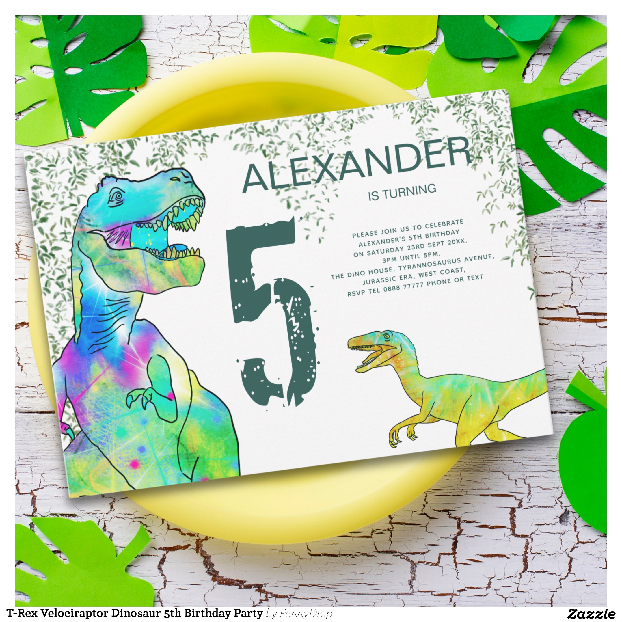 T-Rex Velociraptor Dinosaur 5th Birthday Party Invitation