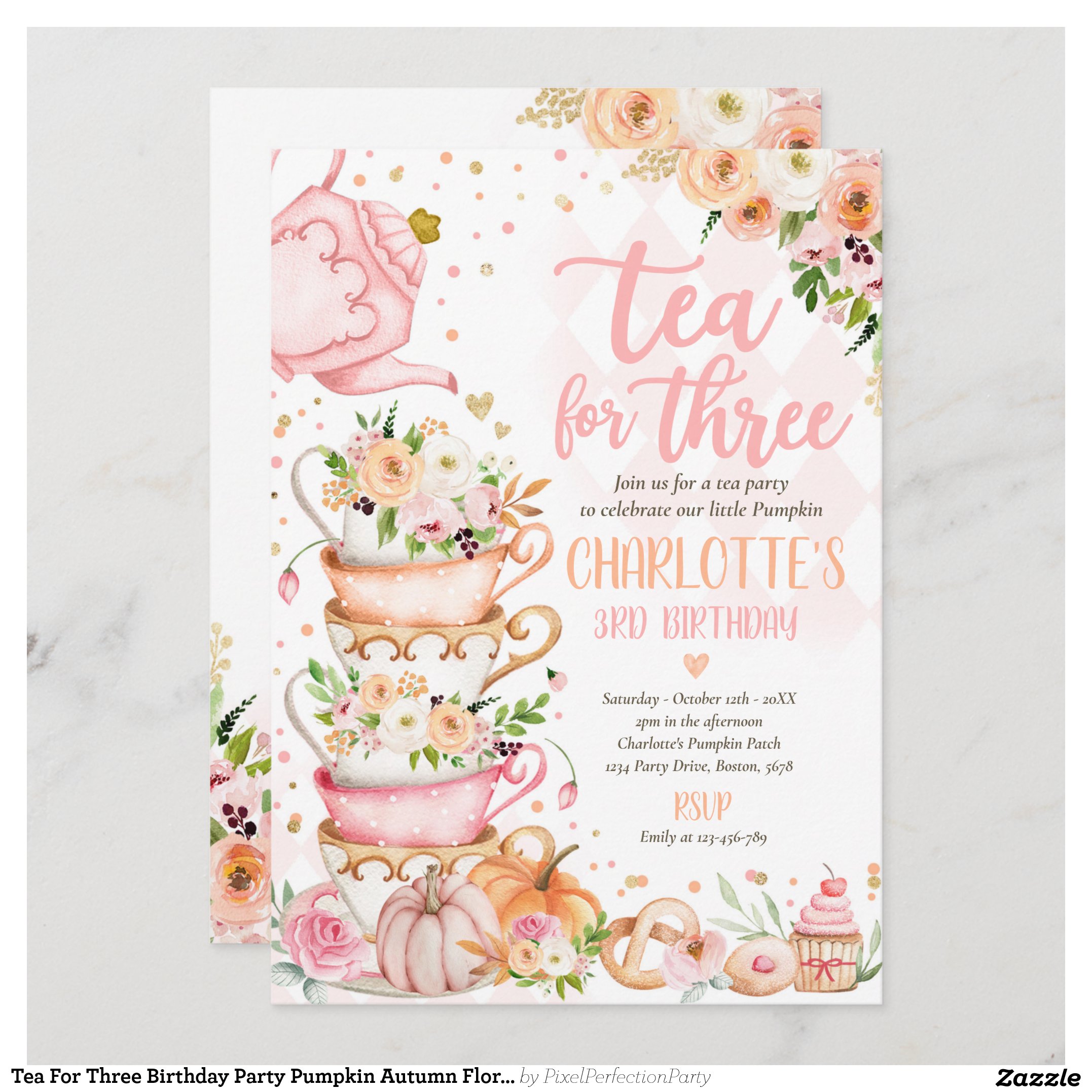 Tea For Three Birthday Party Pumpkin Autumn Floral Invitation