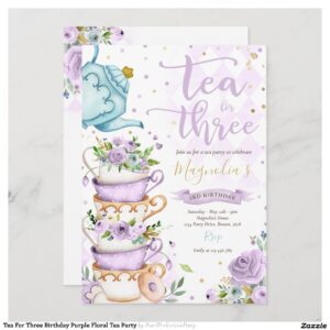 Tea For Three Birthday Purple Floral Tea Party Invitation