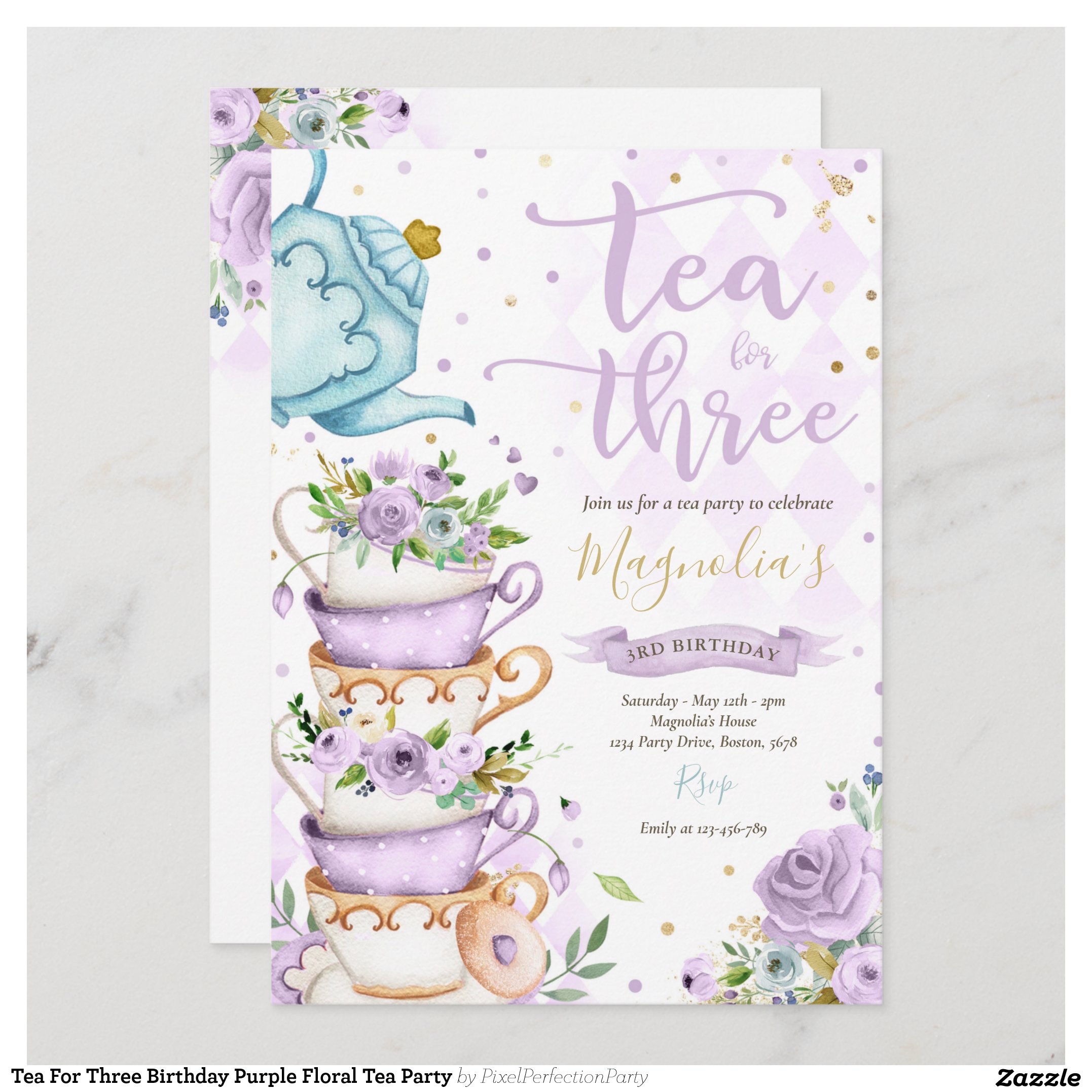 Tea For Three Birthday Purple Floral Tea Party Invitation
