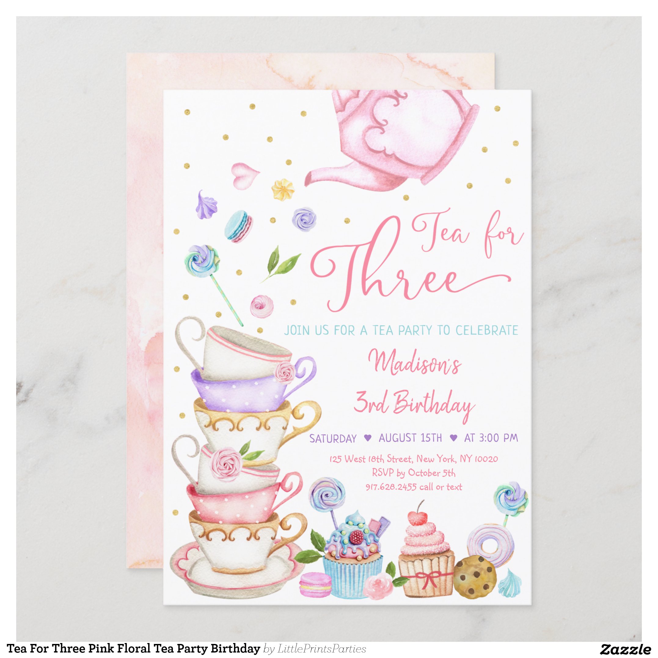Tea For Three Pink Floral Tea Party Birthday Invitation