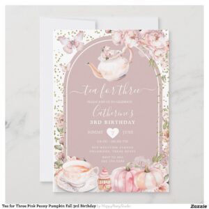 Tea for Three Pink Peony Pumpkin Fall 3rd Birthday Invitation