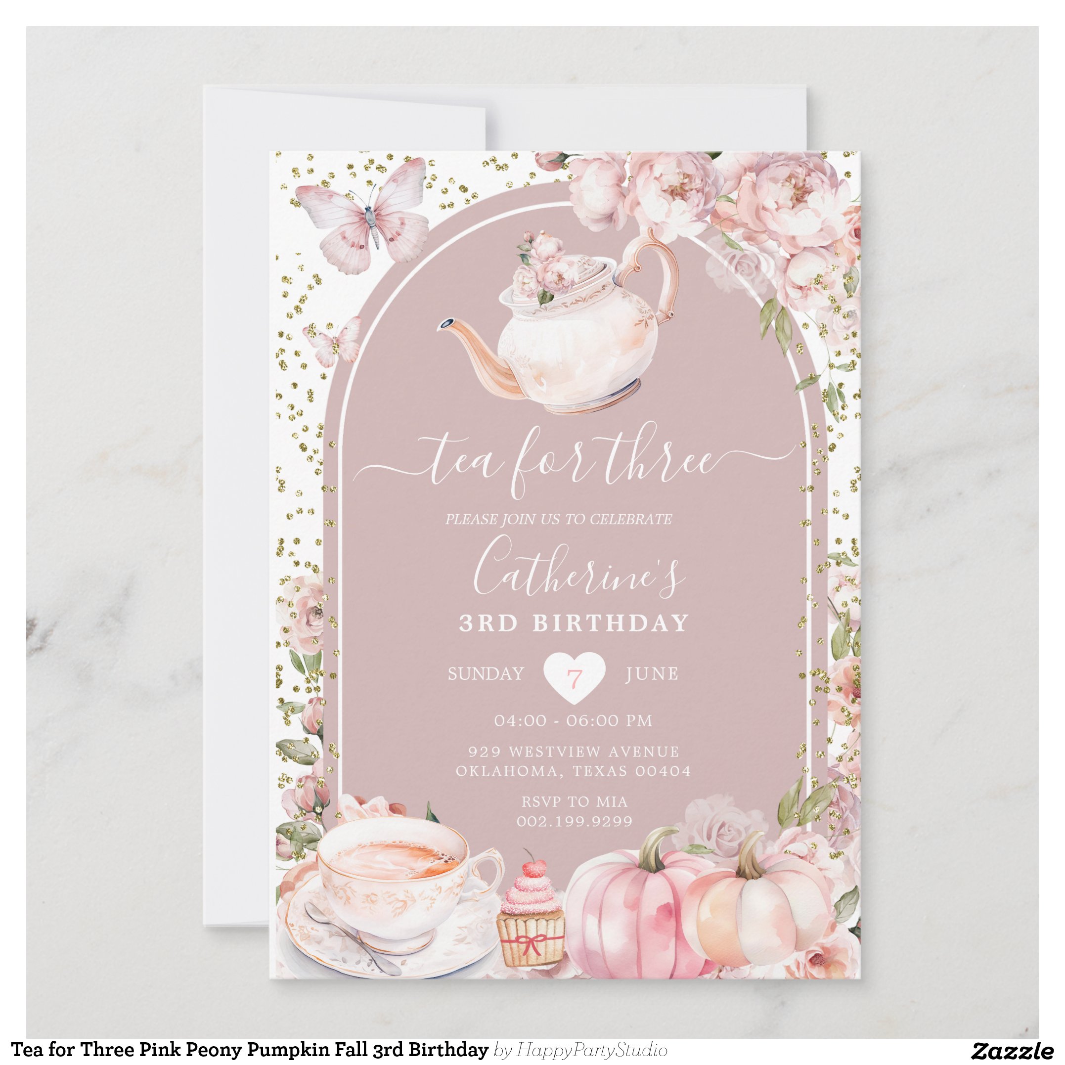 Tea for Three Pink Peony Pumpkin Fall 3rd Birthday Invitation