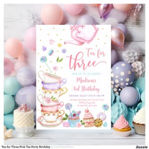 Tea for Three Pink Tea Party Birthday Invitation