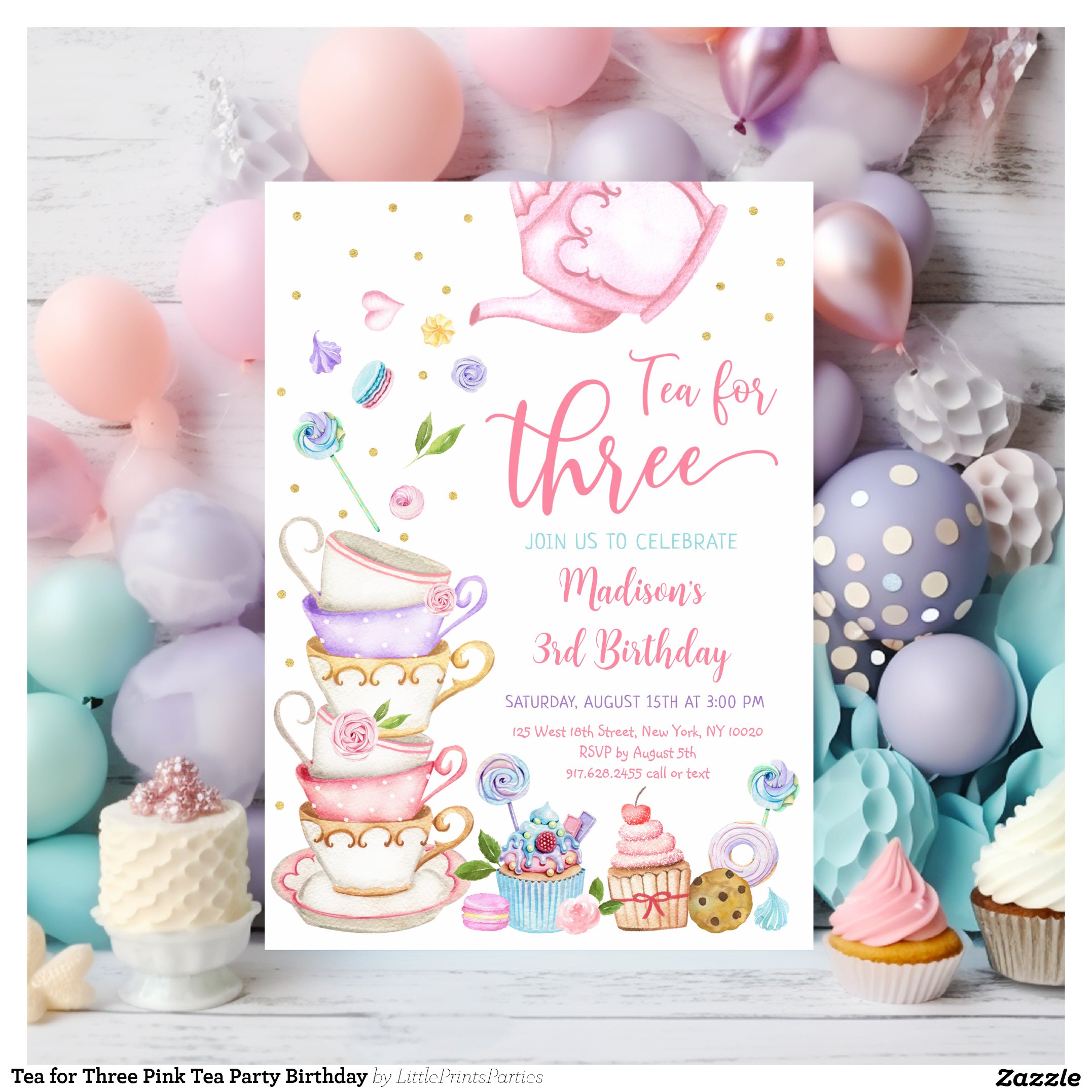 Tea for Three Pink Tea Party Birthday Invitation