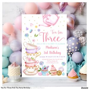 Tea For Three Pink Tea Party Birthday Invitation