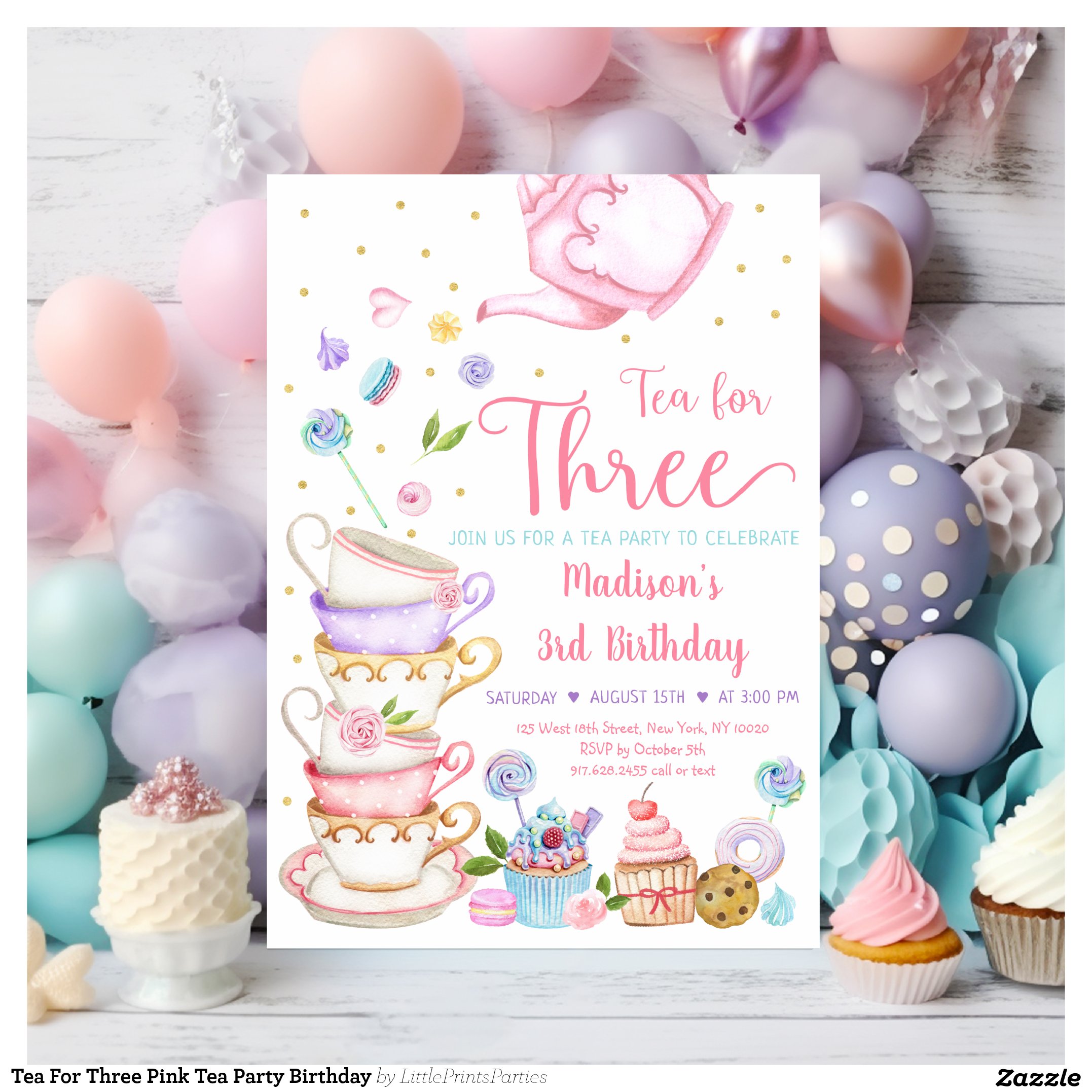 Tea For Three Pink Tea Party Birthday Invitation