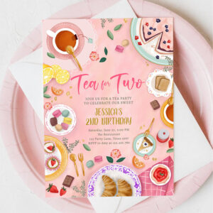 Tea for Two Party Girl Pink Gold Second Birthday Invitation