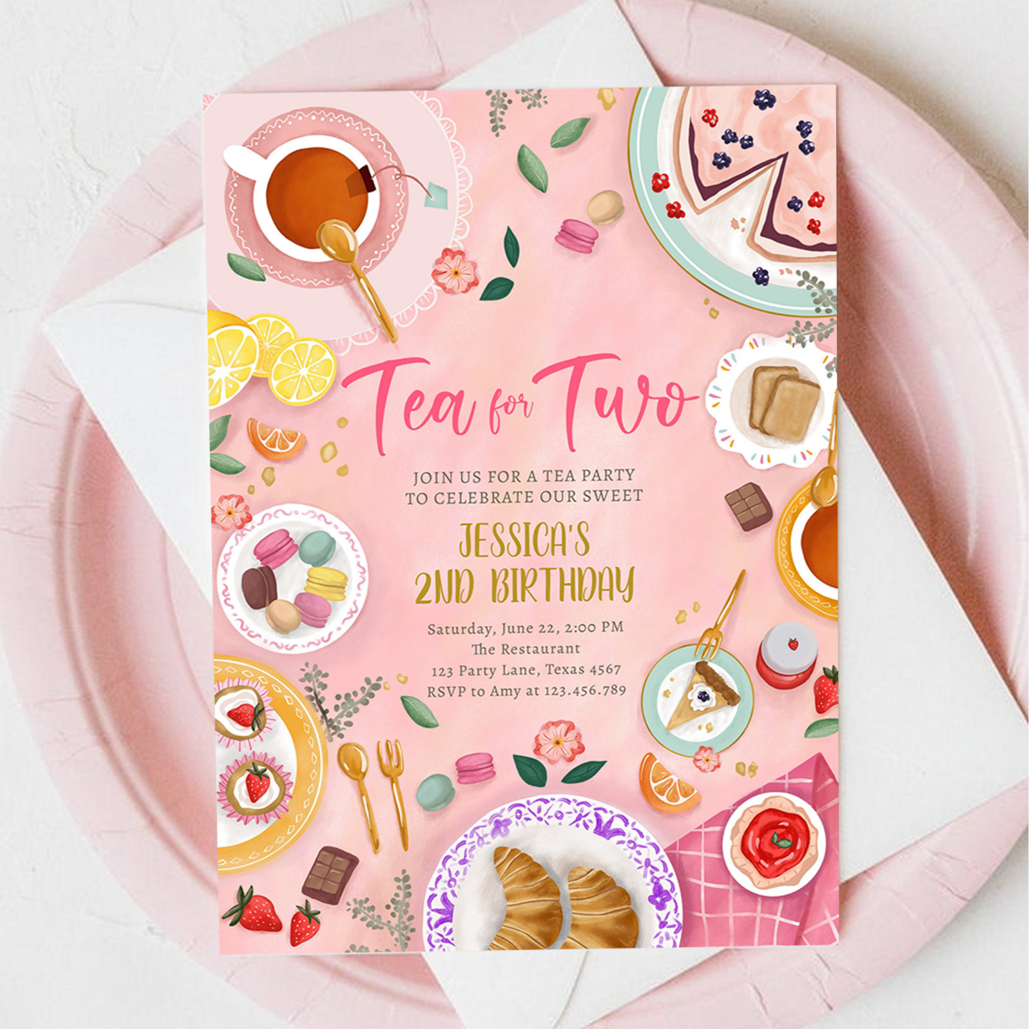 Tea for Two Party Girl Pink Gold Second Birthday Invitation