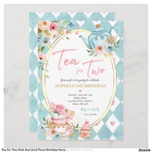 Tea For Two Pink And Gold Floral Birthday Party Invitation
